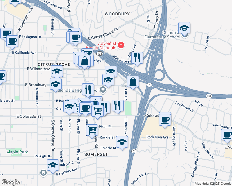 map of restaurants, bars, coffee shops, grocery stores, and more near 1502 East Broadway in Glendale