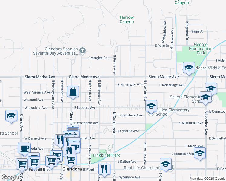map of restaurants, bars, coffee shops, grocery stores, and more near 465 East Virginia Avenue in Glendora