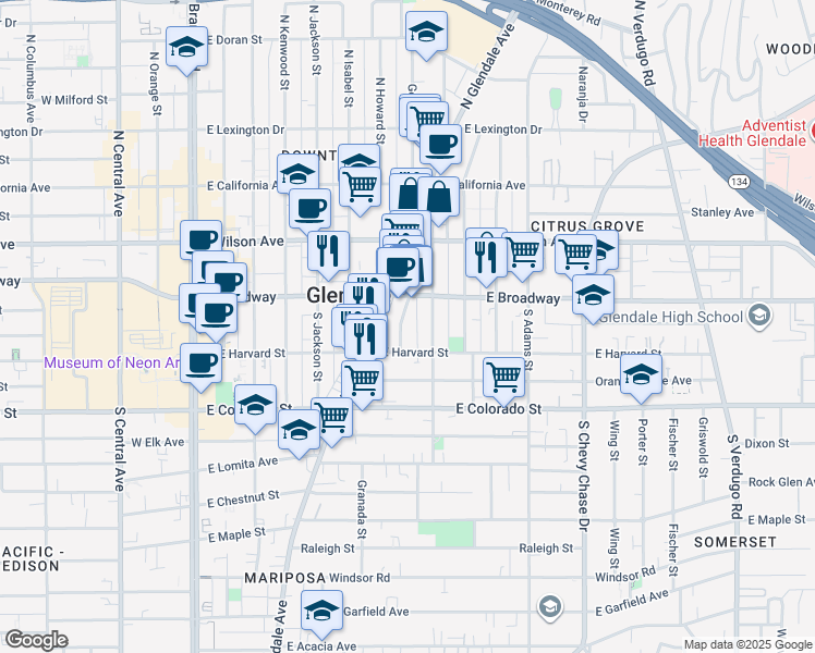 map of restaurants, bars, coffee shops, grocery stores, and more near 126 Franklin Court in Glendale