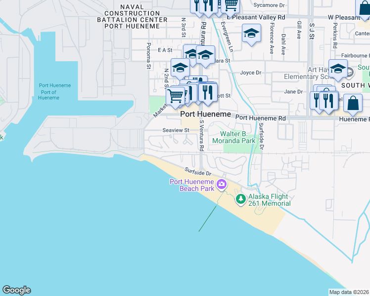 map of restaurants, bars, coffee shops, grocery stores, and more near 259 South Ventura Road in Port Hueneme