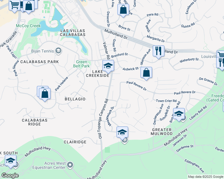 map of restaurants, bars, coffee shops, grocery stores, and more near 4241 Kingfisher Road in Calabasas