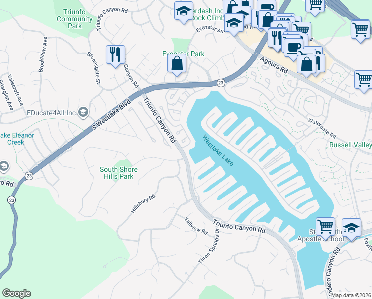 map of restaurants, bars, coffee shops, grocery stores, and more near 2283 Westshore Lane in Westlake Village