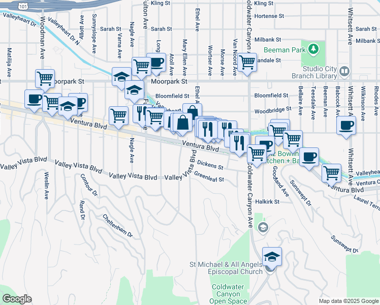 map of restaurants, bars, coffee shops, grocery stores, and more near 13109 Valley Vista Boulevard in Los Angeles
