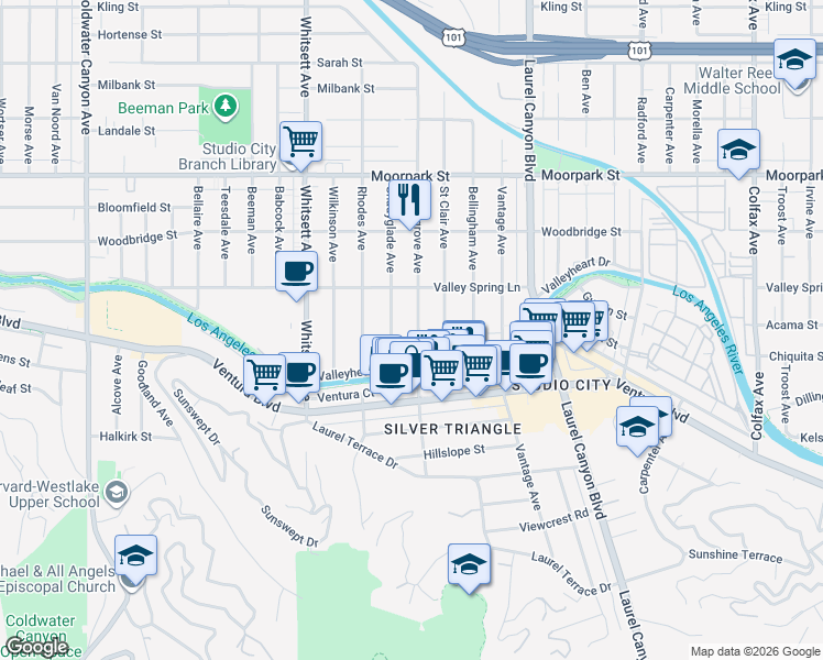 map of restaurants, bars, coffee shops, grocery stores, and more near 4115 Laurelgrove Avenue in Los Angeles