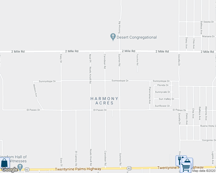 map of restaurants, bars, coffee shops, grocery stores, and more near 5925 Carodean Road in Twentynine Palms