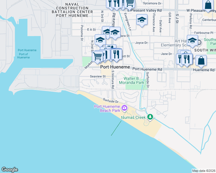 map of restaurants, bars, coffee shops, grocery stores, and more near 251 South Ventura Road in Port Hueneme