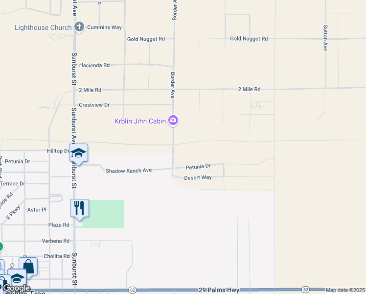 map of restaurants, bars, coffee shops, grocery stores, and more near Border Avenue in Joshua Tree