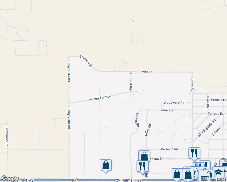 map of restaurants, bars, coffee shops, grocery stores, and more near 5830 Outpost Road in Joshua Tree