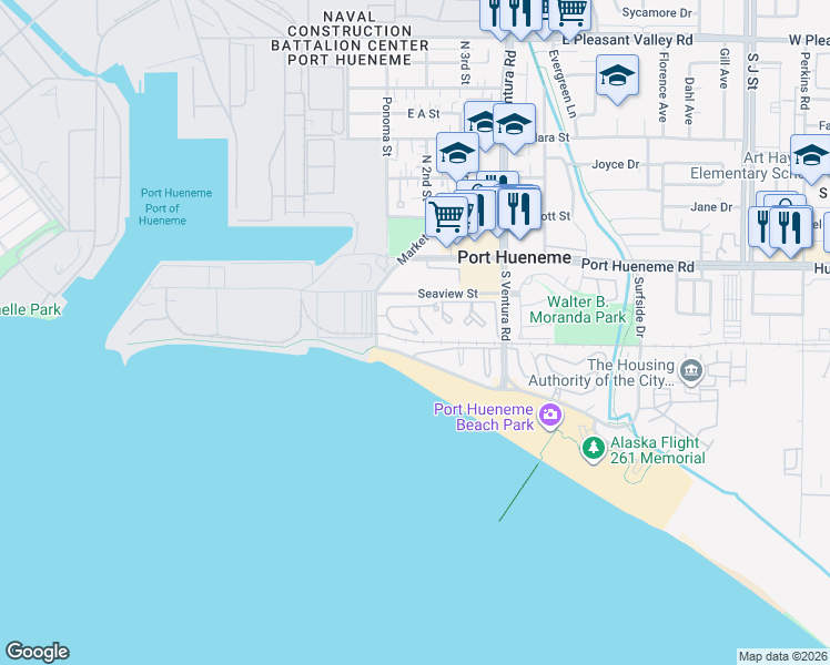 map of restaurants, bars, coffee shops, grocery stores, and more near 299 Mainsail Court in Port Hueneme