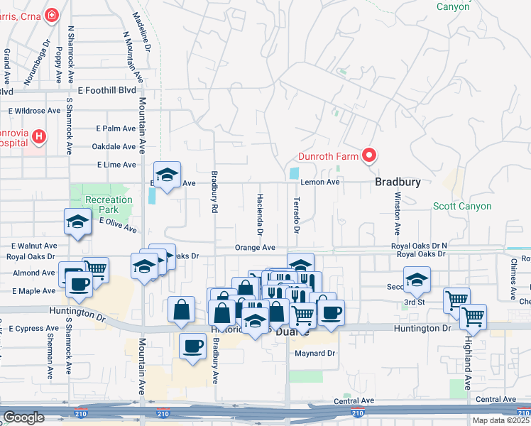 map of restaurants, bars, coffee shops, grocery stores, and more near 540 Hacienda Drive in Monrovia