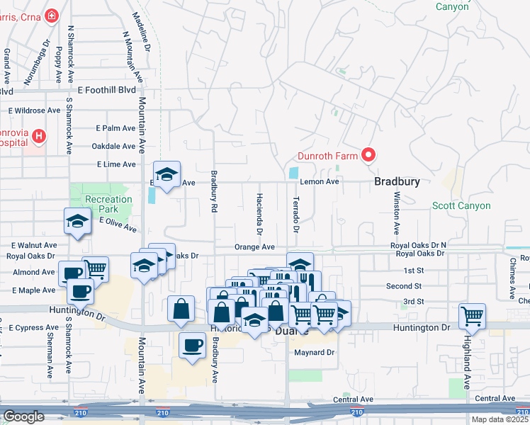 map of restaurants, bars, coffee shops, grocery stores, and more near 540 Hacienda Drive in Monrovia