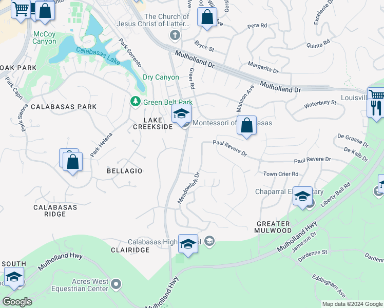 map of restaurants, bars, coffee shops, grocery stores, and more near 4240 Kingfisher Road in Calabasas