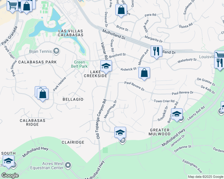 map of restaurants, bars, coffee shops, grocery stores, and more near 4240 Kingfisher Road in Calabasas