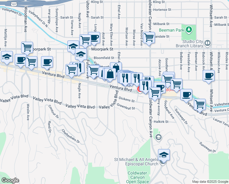 map of restaurants, bars, coffee shops, grocery stores, and more near 13109 Valley Vista Boulevard in Los Angeles