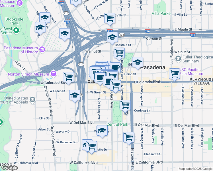map of restaurants, bars, coffee shops, grocery stores, and more near 103 West Colorado Boulevard in Pasadena