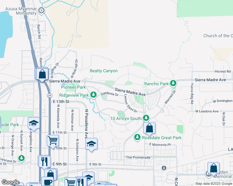 map of restaurants, bars, coffee shops, grocery stores, and more near 653 East Gardenia Drive in Azusa