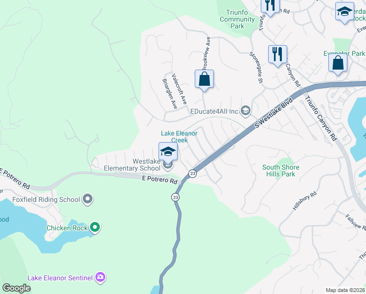 map of restaurants, bars, coffee shops, grocery stores, and more near 1635 Swansea Place in Westlake Village
