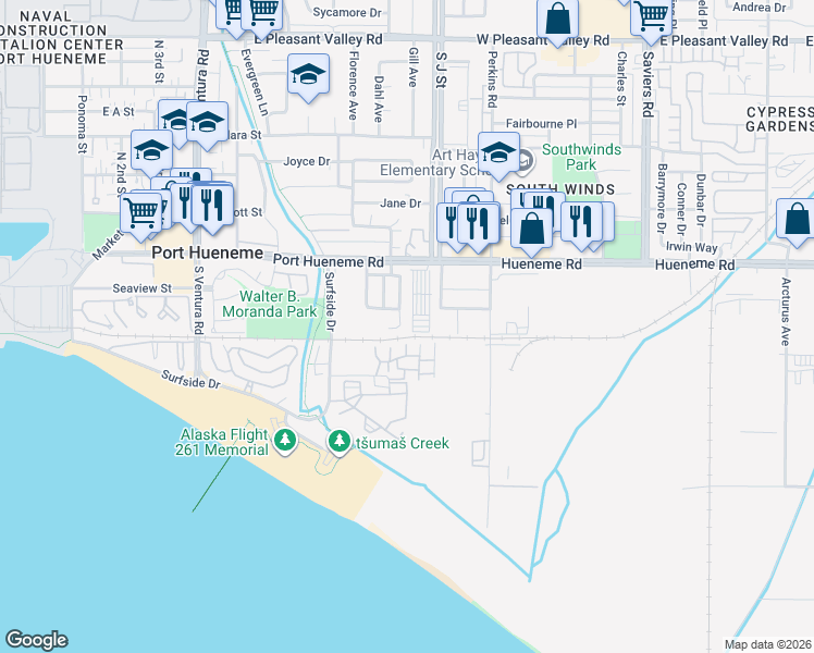 map of restaurants, bars, coffee shops, grocery stores, and more near 218 Morning Breeze Lane in Port Hueneme