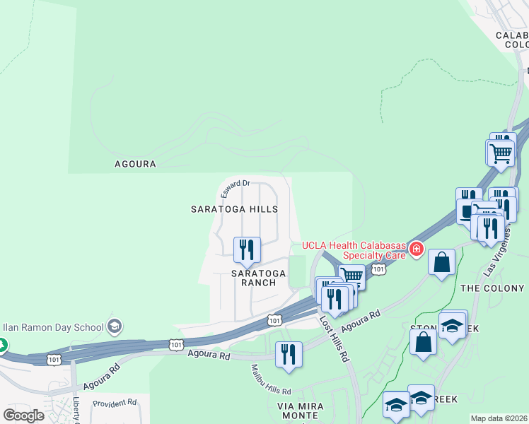 map of restaurants, bars, coffee shops, grocery stores, and more near 5306 Cangas Drive in Agoura Hills