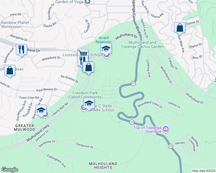 map of restaurants, bars, coffee shops, grocery stores, and more near 74 Sycamore Place in Topanga
