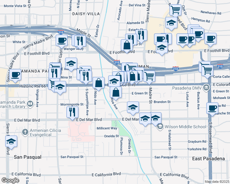 map of restaurants, bars, coffee shops, grocery stores, and more near 3120 East Colorado Boulevard in Pasadena