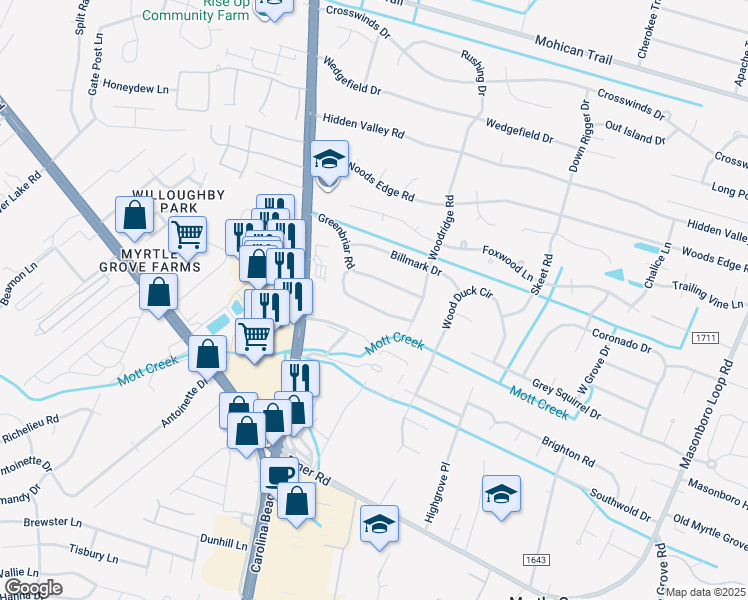 map of restaurants, bars, coffee shops, grocery stores, and more near 818 Pine Forest Road in Wilmington