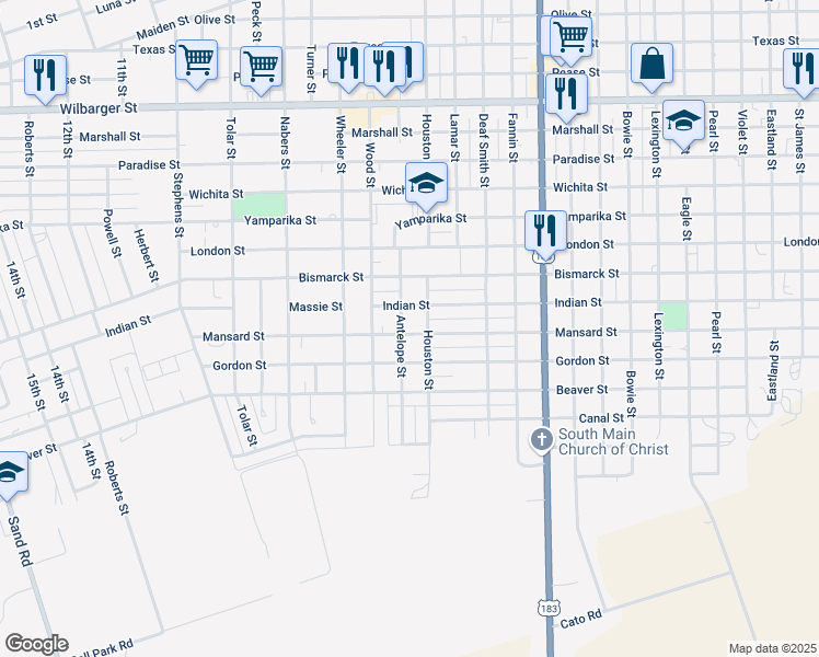 map of restaurants, bars, coffee shops, grocery stores, and more near 2229 Indian Street in Vernon
