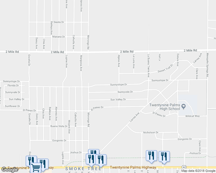 map of restaurants, bars, coffee shops, grocery stores, and more near 72231 Sunnyslope Drive in Twentynine Palms