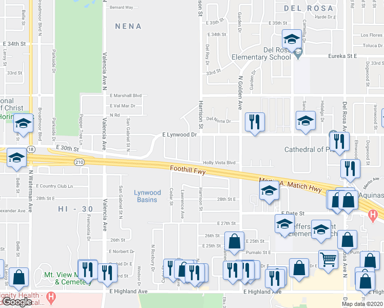 map of restaurants, bars, coffee shops, grocery stores, and more near 2991 North Casa Loma Drive in San Bernardino