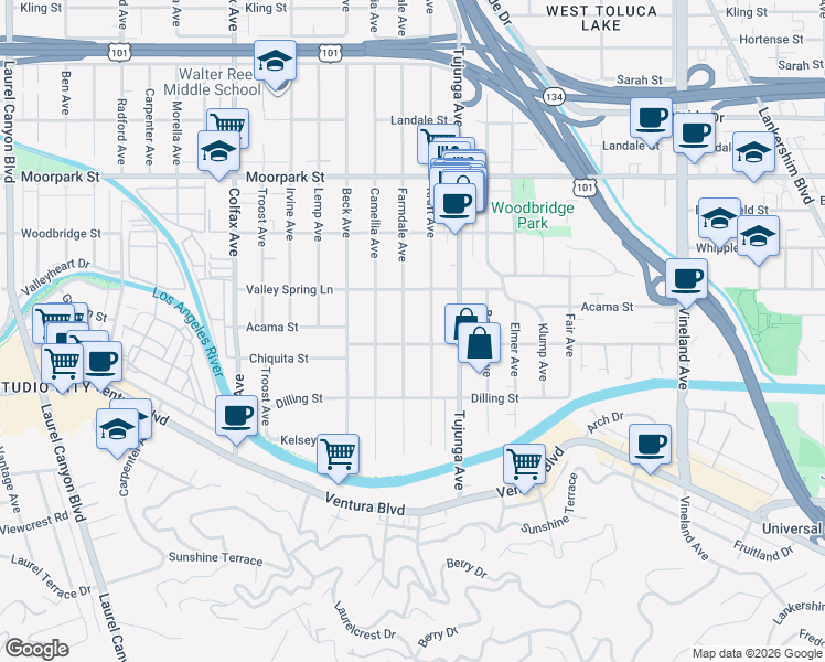 map of restaurants, bars, coffee shops, grocery stores, and more near 4214 Farmdale Avenue in Los Angeles