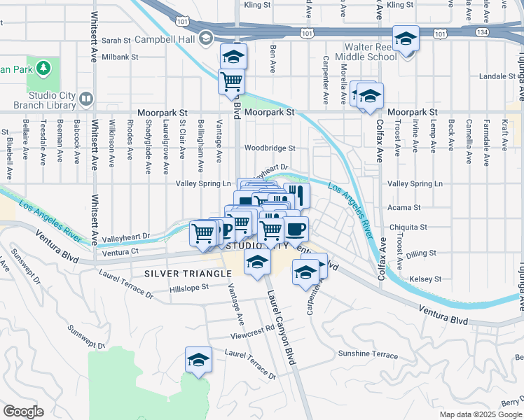 map of restaurants, bars, coffee shops, grocery stores, and more near 12104 Hoffman Street in Los Angeles