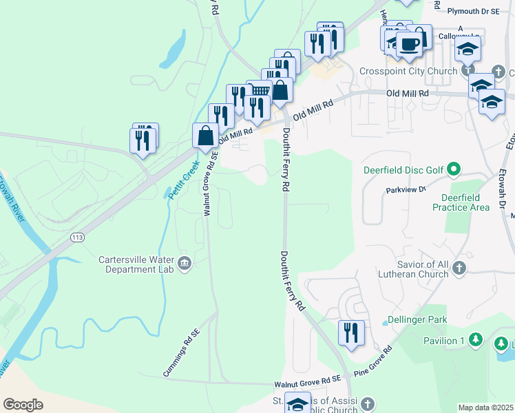 map of restaurants, bars, coffee shops, grocery stores, and more near 245 Douthit Ferry Road in Cartersville