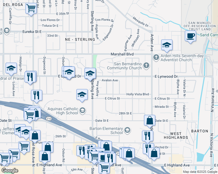 map of restaurants, bars, coffee shops, grocery stores, and more near 5931 Buchanan Avenue in San Bernardino