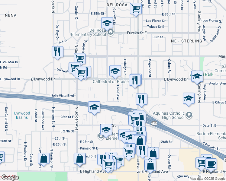 map of restaurants, bars, coffee shops, grocery stores, and more near 2995 Mountain Avenue North in San Bernardino