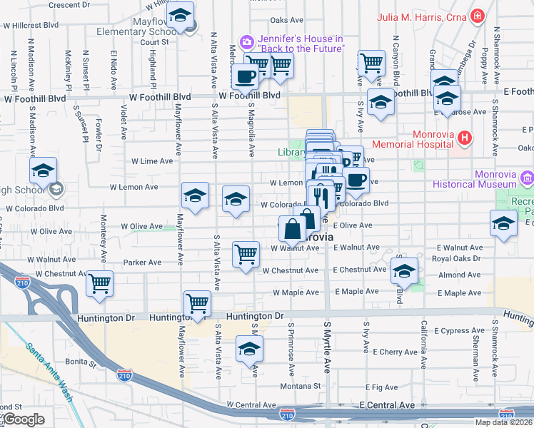 map of restaurants, bars, coffee shops, grocery stores, and more near 243 West Colorado Boulevard in Monrovia