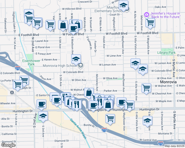map of restaurants, bars, coffee shops, grocery stores, and more near 777 West Colorado Boulevard in Monrovia