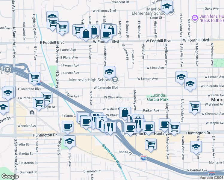 map of restaurants, bars, coffee shops, grocery stores, and more near 845 West Colorado Boulevard in Monrovia