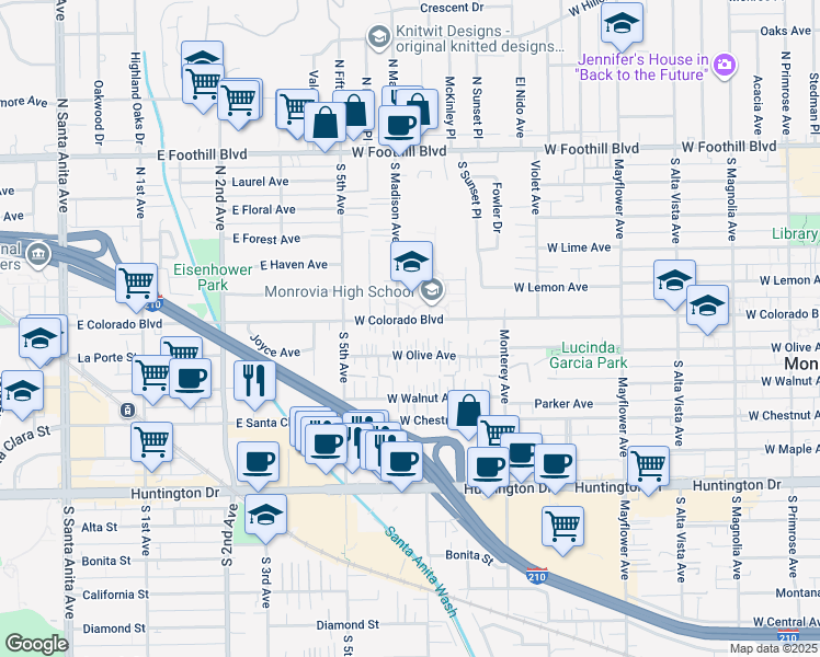 map of restaurants, bars, coffee shops, grocery stores, and more near 521 South Madison Avenue in Monrovia
