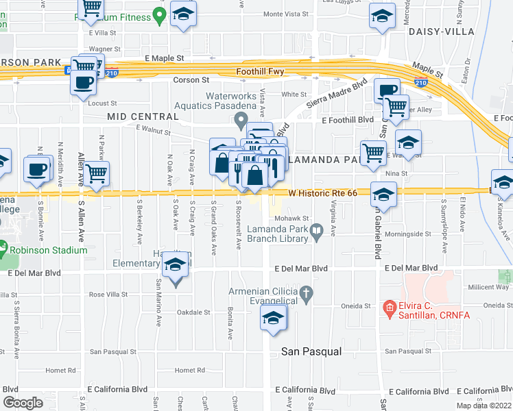 map of restaurants, bars, coffee shops, grocery stores, and more near 2320 West Historic Route 66 in Pasadena