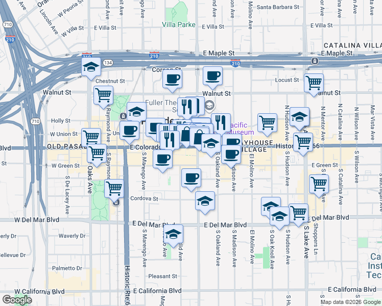 map of restaurants, bars, coffee shops, grocery stores, and more near in Pasadena