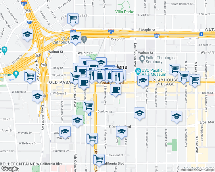 map of restaurants, bars, coffee shops, grocery stores, and more near 12 East Colorado Boulevard in Pasadena