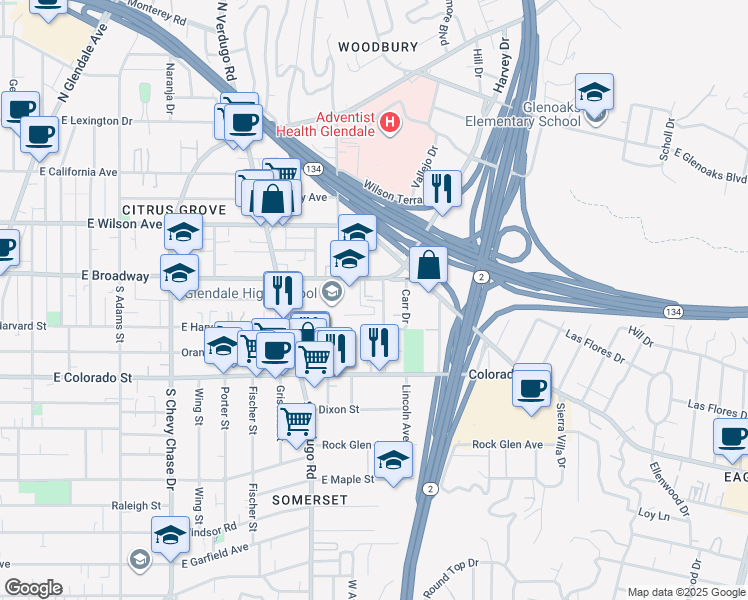 map of restaurants, bars, coffee shops, grocery stores, and more near 1502 East Broadway in Glendale