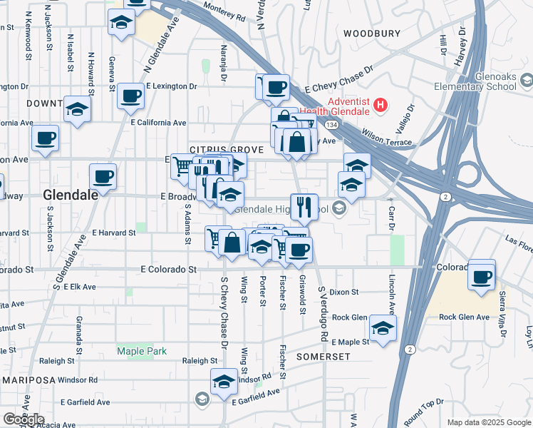 map of restaurants, bars, coffee shops, grocery stores, and more near 1300 East Broadway in Glendale