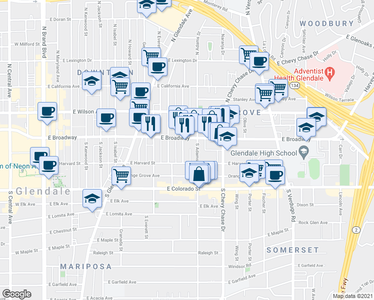 map of restaurants, bars, coffee shops, grocery stores, and more near 99 North Adams Street in Glendale
