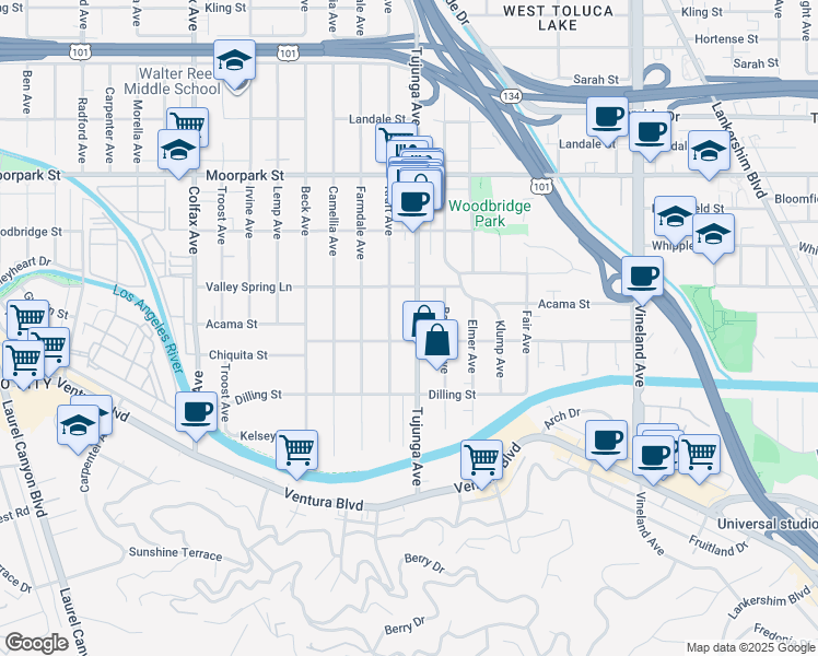 map of restaurants, bars, coffee shops, grocery stores, and more near 4234 Kraft Avenue in Los Angeles