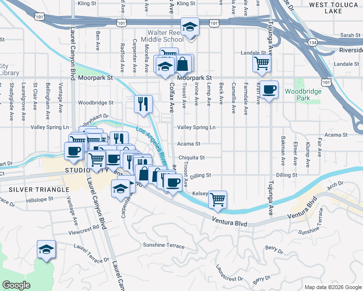 map of restaurants, bars, coffee shops, grocery stores, and more near 4220 Colfax Avenue in Los Angeles