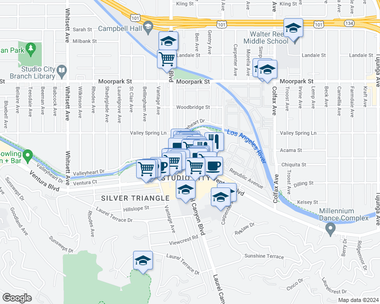 map of restaurants, bars, coffee shops, grocery stores, and more near 12118 Hoffman Street in Los Angeles