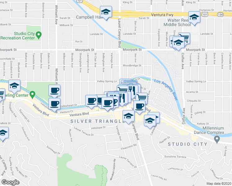 map of restaurants, bars, coffee shops, grocery stores, and more near 12127 Valleyheart Drive in Los Angeles