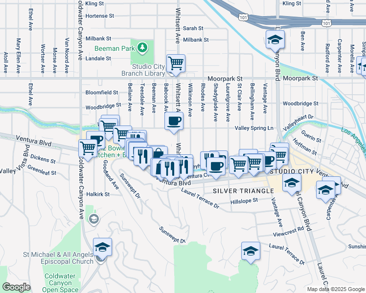 map of restaurants, bars, coffee shops, grocery stores, and more near 4141 Whitsett Avenue in Los Angeles