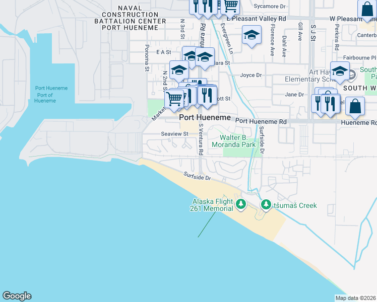 map of restaurants, bars, coffee shops, grocery stores, and more near in Port Hueneme